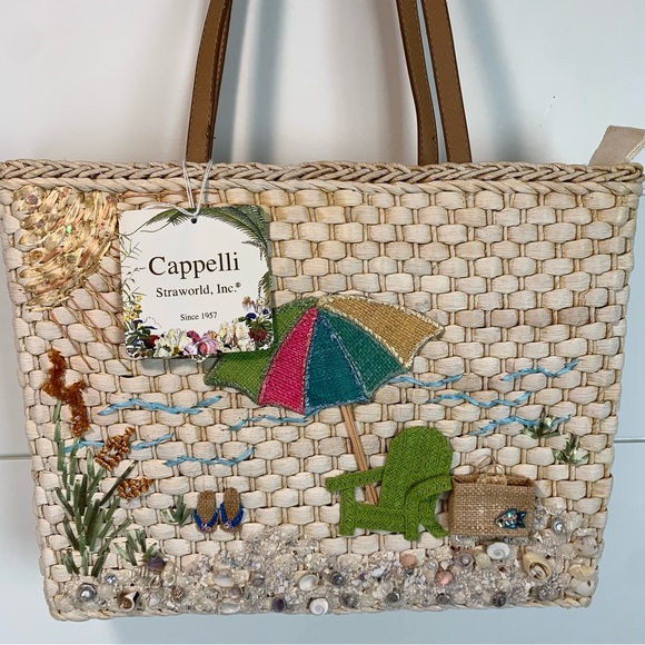 Cappelli Straworld Handbags - Cappelli Handmade Beach Scene Tote Bag Size 13” x 10” x 4”
